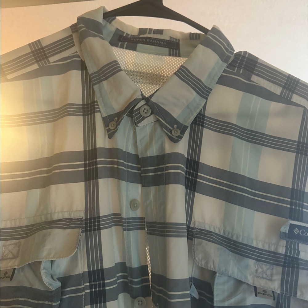 Columbia PFG Super Bahama Fishing Shirt Men 2XL Blue Stripe Short Sleeve Vented